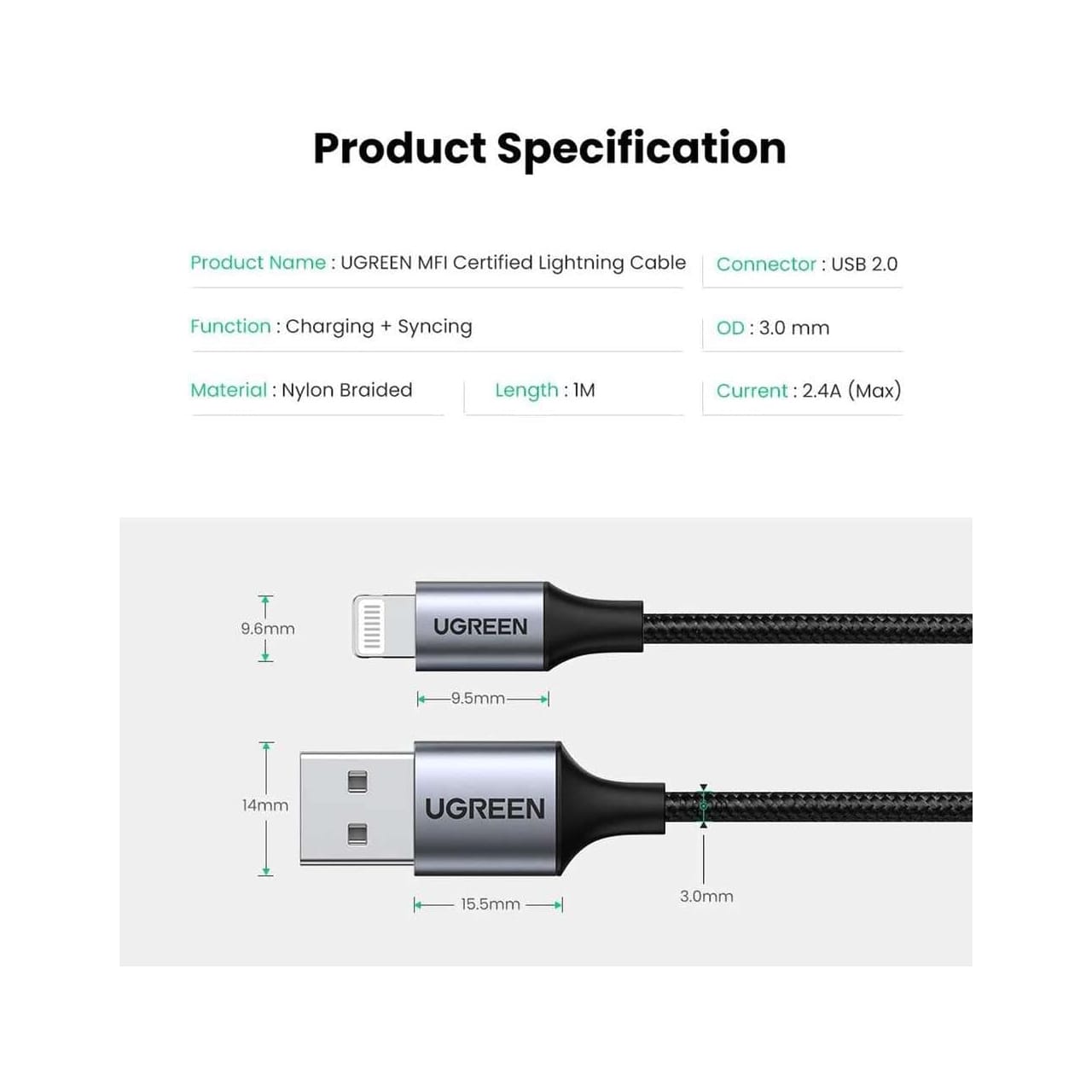 کابل تبدیل Lightning به USB2.0 A یوگرین مدل US199-60163