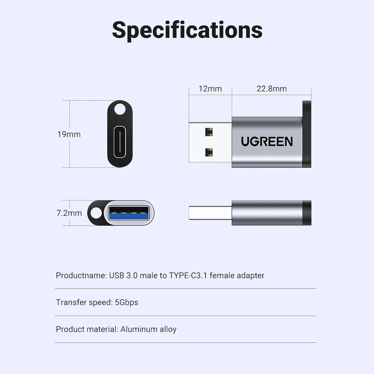 تبدیل USB-A به USB-C یوگرین مدل US276-50533